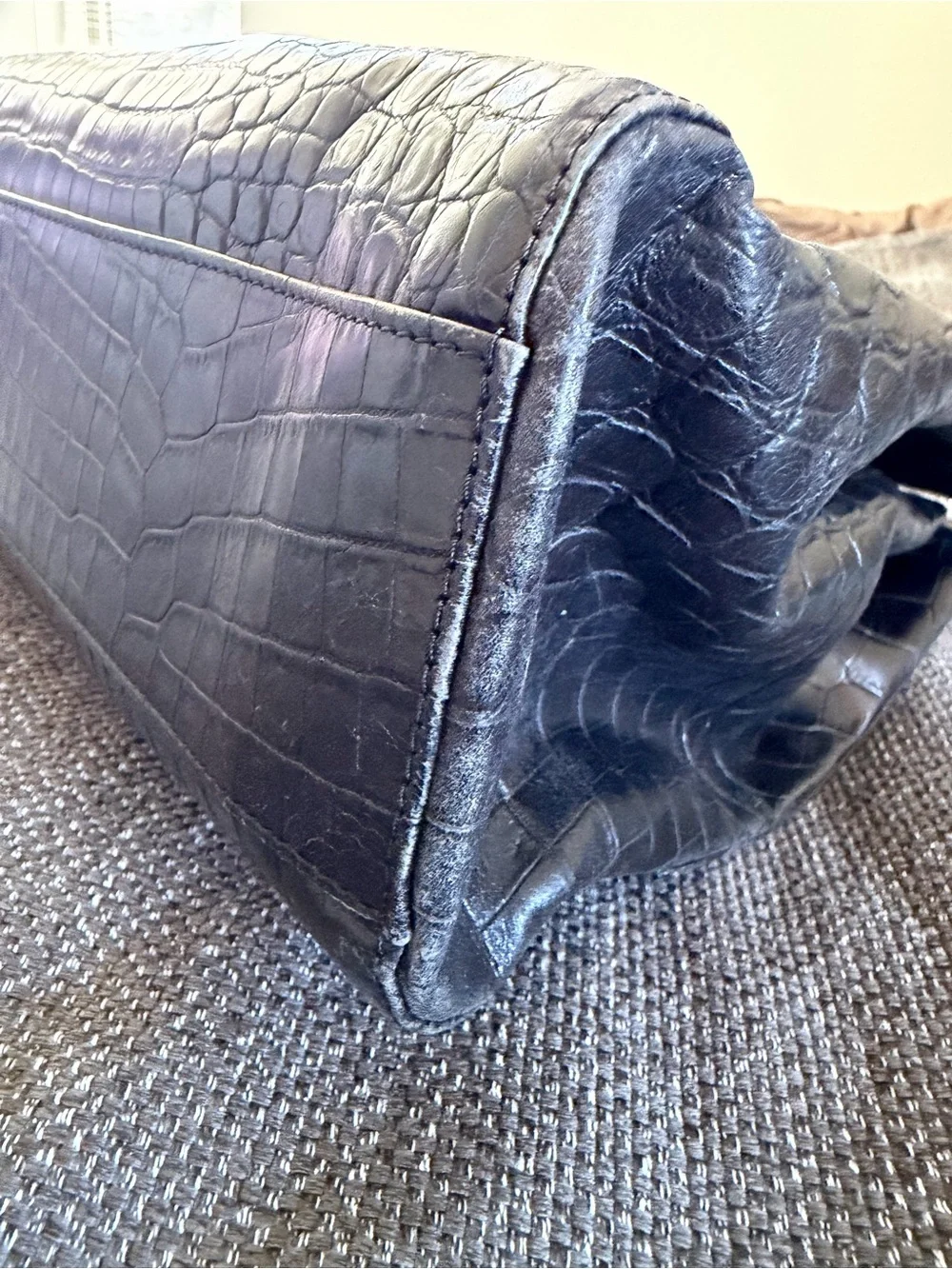 Black Croc-Embossed Shoulder Bag with Top Frame